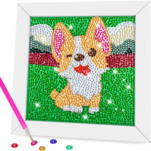 QEUOYSS Diamond Art Kit for Kids with Wooden Frame Art and Crafts for Kids Ages 6-8 -10-12 Easy to DIY Diamond Art for Kid and Adult Beginners Home Wall Decoration (Dog)