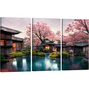 LSIUHWUWI Japanese Decor Cherry Blossom, Sakura, with Water Lake and Japonese Houses Wall art Japanese Painting Room Decor Canvas Poster Artwork Home Decor 20x40inchx3