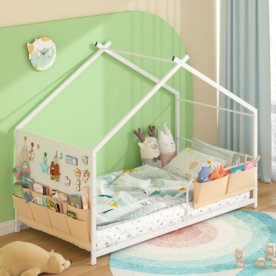 Timy House Shape Twin Size Montessori House Bed for Kids Metal Floor Bed with Pegboard Caddy and Slats White