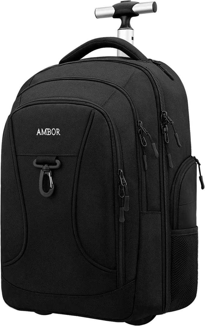 AMBOR Rolling Backpack, Waterproof Wheeled Backpack, Carry-on Trolley Luggage Suitcase Compact Business Backpack with Wheels, Student Rolling Laptop Bag Trolley Carry Luggage Fits 15.6 Inch - Black