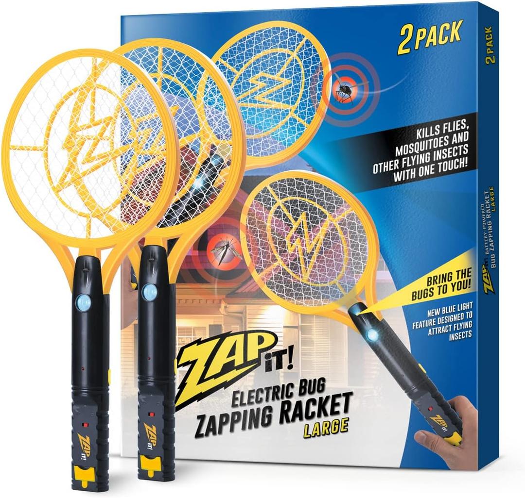 ZAP iT! Electric Fly Swatter Racket & Mosquito Zapper with Blue Light Attractant - High Duty 4,000 Volt Electric Bug Zapper Racket - Fly Killer USB Rechargeable Fly Zapper Indoor Safe - 2 Pack, Yellow (Large)