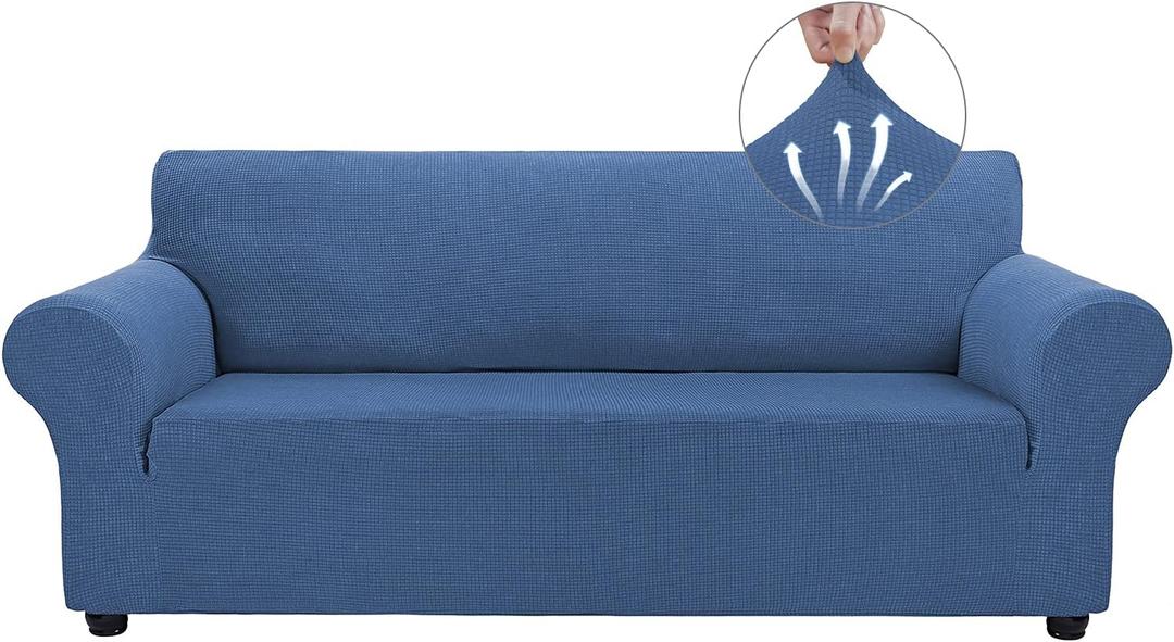 Asnomy Couch Covers for 3 Cushion Couch Stretch Sofa Covers Slipcovers, Pet Protector Furniture Covers for Dogs Cats Spandex Jacquard Fabric Small Checks LargeRiver Blue