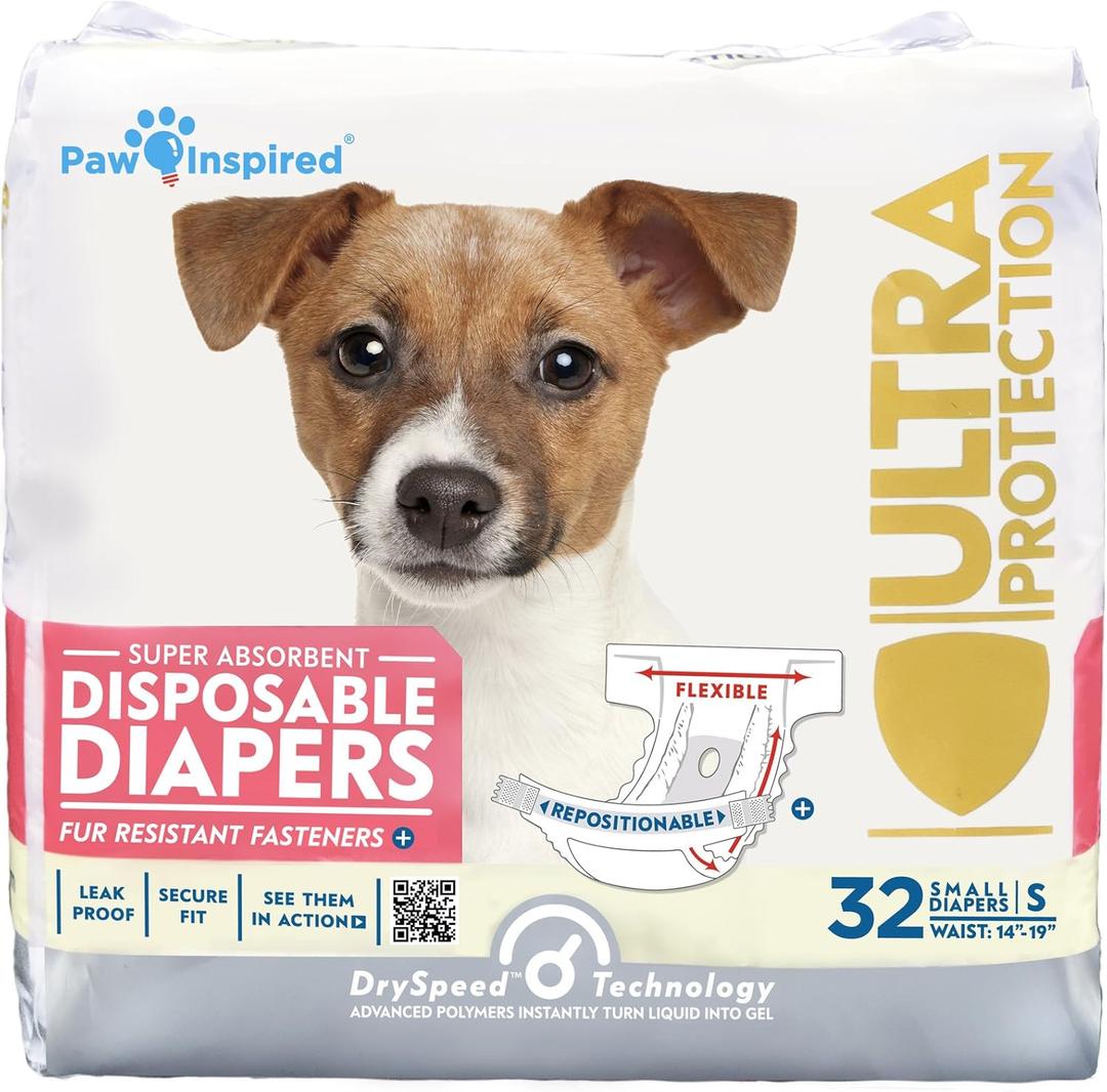 Paw Inspired 32ct Disposable Dog Diapers | Female Dog Diapers Ultra Protection | Diapers for Dogs in Heat, Excitable Urination, or Incontinence (Small) (Small (32 Count))