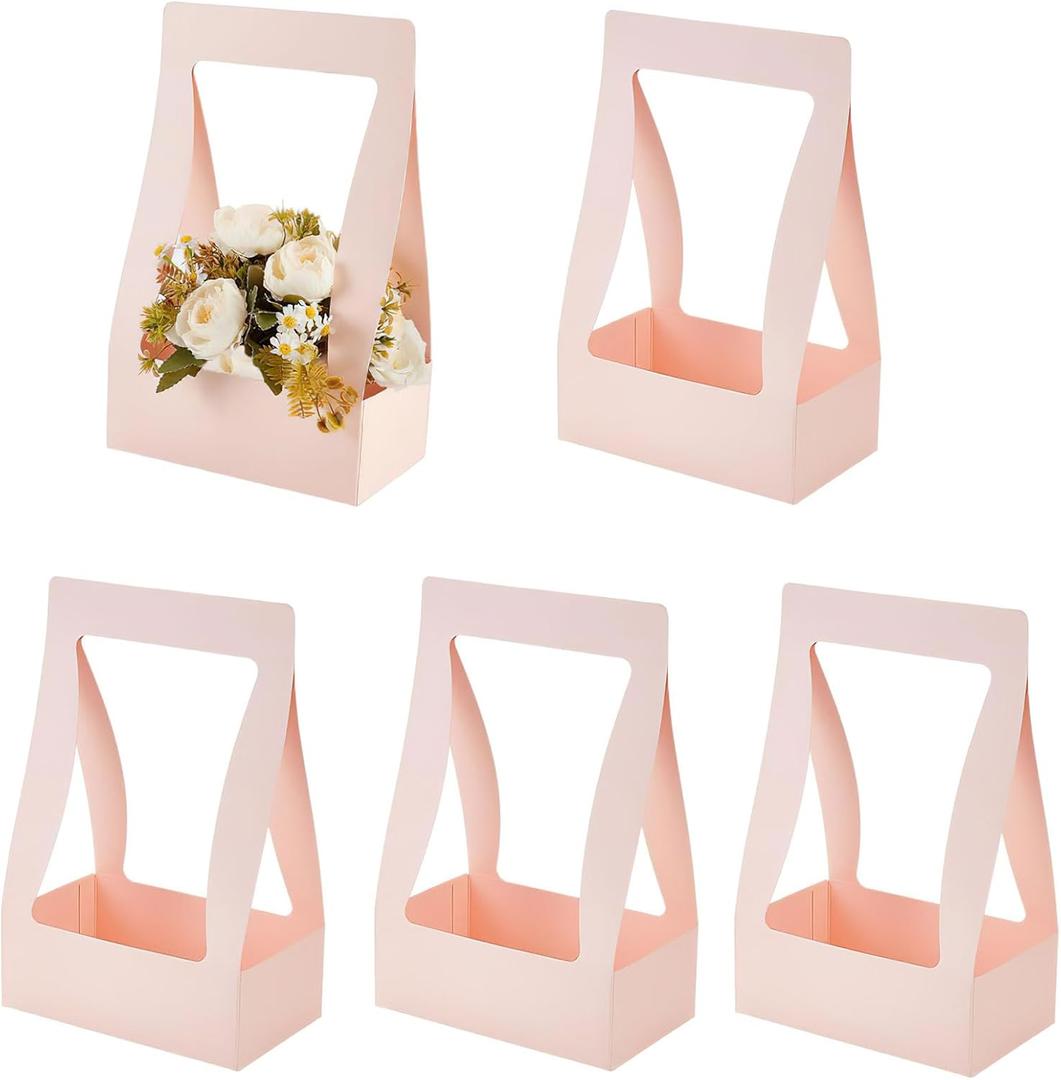 Ylapagne 5 Pieces Paper Flower Gift Bags, Pink Bouquet Flower Box with Handheld DIY Flower Arrangement Basket Flower Packaging Box for Valentine's Wedding Anniversary Party