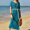 VOTEPRETTY Womens Two Piece Cover Ups Sets Crochet Beach Vacation Summer Swimwear Short Sleeve Outfits Split Knit Long Dress (Blue, L)