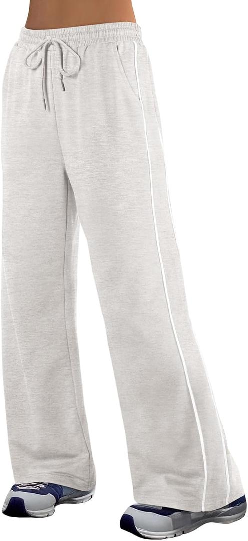 Herseas Women's 2 Side Stripes Sweatpants Wide Leg Pants Casual Drawstring Lounge Pants (XXL)