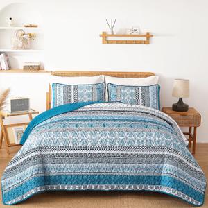 WONGS BEDDING Boho Quilt Set Queen Size, Teal Blue Bohemian 3 Pieces Quilt Sets, Lightweight Bedspread Coverlet Bedding Set for All Season (96"x90")