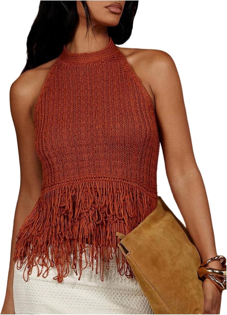 SweatyRocks Women's Boho Fringe Halter Tops Sleeveless Open Back Summer Knit Crochet Tank Top (Brown, M)