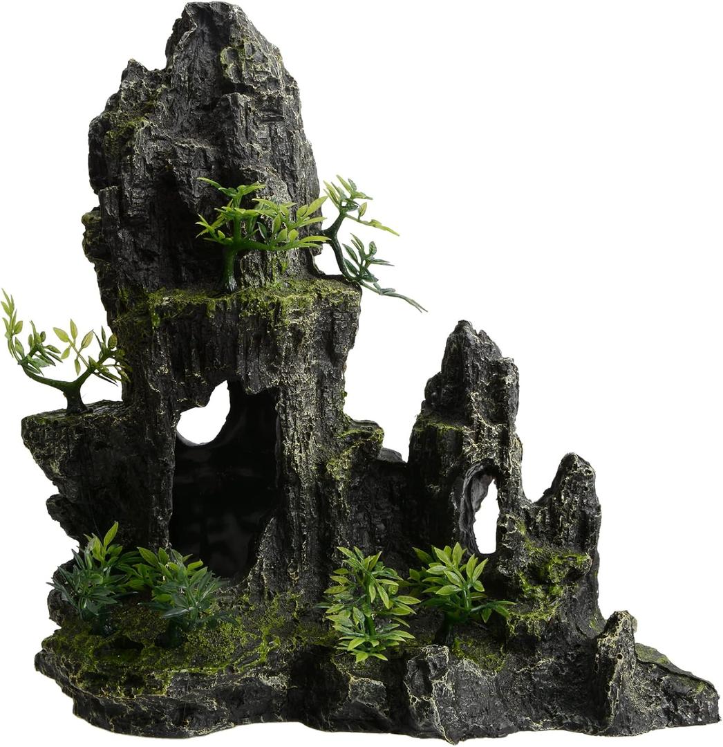PENCK 11 Inch Large Aquarium Decor, Tall Resin Mountain Rock Cave with Plants for Natural Aquascape Realistic Fish Tank Decorations & Hiding Place for Betta, Shrimp, Cichlids