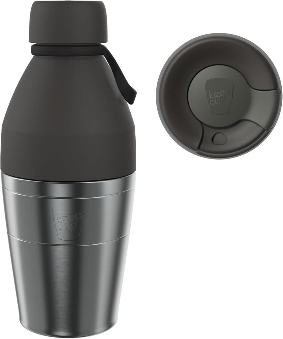 KeepCup Cup-to-Bottle Kit, 2 in 1 Reusable Water Bottle and Travel Mug, Insulated Stainless Steel Dual Opening with Leakproof Sipper Lid - 530ml Bottle to 12oz Cup - Nitro Black