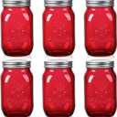 Amzcku 32oz Red Mason Jars with Lids, 6 Pack Wide Mouth Quart Canning Jar, Safe For Storage, Canning, Pickling, Preserving, Fermenting, DIY Crafts & Decor