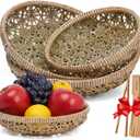 Handwoven Bamboo Basket Set of 3, Decorative Wall Basket, Boho Woven Basket Decor, Round Serving Basket for Bread & Fruit, Artisan Bamboo Storage + Tongs & Brush