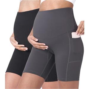 POSHDIVAH Women's Maternity Yoga Shorts Over The Belly Bump Summer Workout Running Active Short Pants with Pockets 8" (Large, Black + Grey) POSHDIVAH Women's Maternity Yoga Shorts Over The Belly Bump Summer Workout Running Active Short Pants with Pockets 8" (Large, Black + Grey)