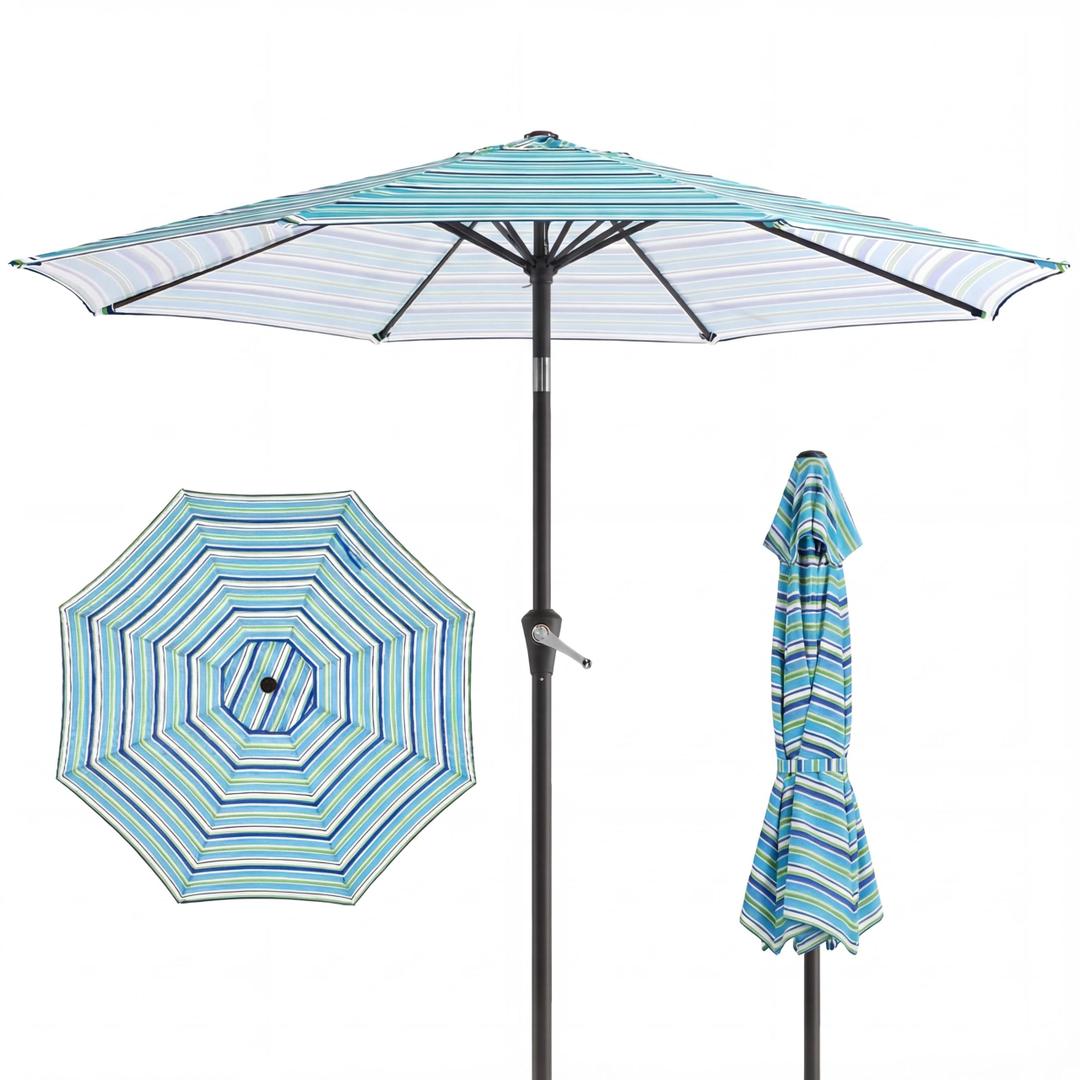 Tobeos 9ft Patio Umbrella with Push Button Tilt and Crank,Outdoor Market Table Umbrella UV Protection 8 Sturdy Ribs for Backyard,Garden,Pool,Deck(Blue Green Stripes)
