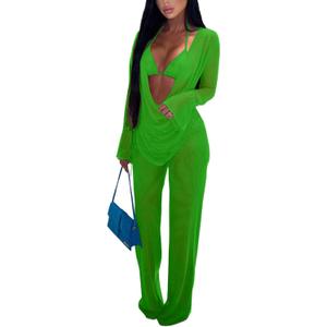 EDITCOZY Women Mesh Sheer 3pcs Outfits Long Sleeve Top Long Pant Bikini Cover Up (Large, Green)