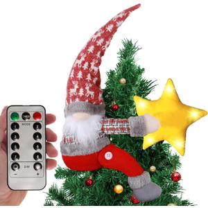 Christmas Tree Topper Gnome Decorations with Lights,21.7 Inches Handmade Embrace Christmas Tree Gnome with Lighted StarChristmas Home Decor Curtain Tie Bottle Decoration (Red Hat)