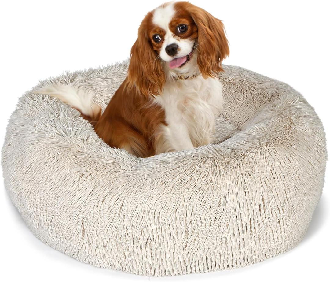 Small Dog Bed Calming Dogs Bed for Small Medium Large Dogs Anti-Anxiety Puppy Bed Machine Washable Warming Cozy Soft Pet Round Bed Fits up to 10-100 lbs (Medium (Pack of 1), Beige) (28 inches)