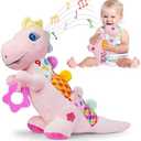 Pack of 2 Baby Dino Musical Stuffed Animal Toys for 0-3-6-9-12 Months，Infant Dinosaur Tummy Time Toys with Crinkle Sound Paper，Teether，Textures & Rattles for Newborn Boys Girls Birthday Gifts，Pink