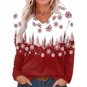 XIEERDUO Long Sleeve Shirts for Women V Neck Fall Tops Basic Tunic Tops Loose Fit Dressy 2025 (Small, Christmas Print)