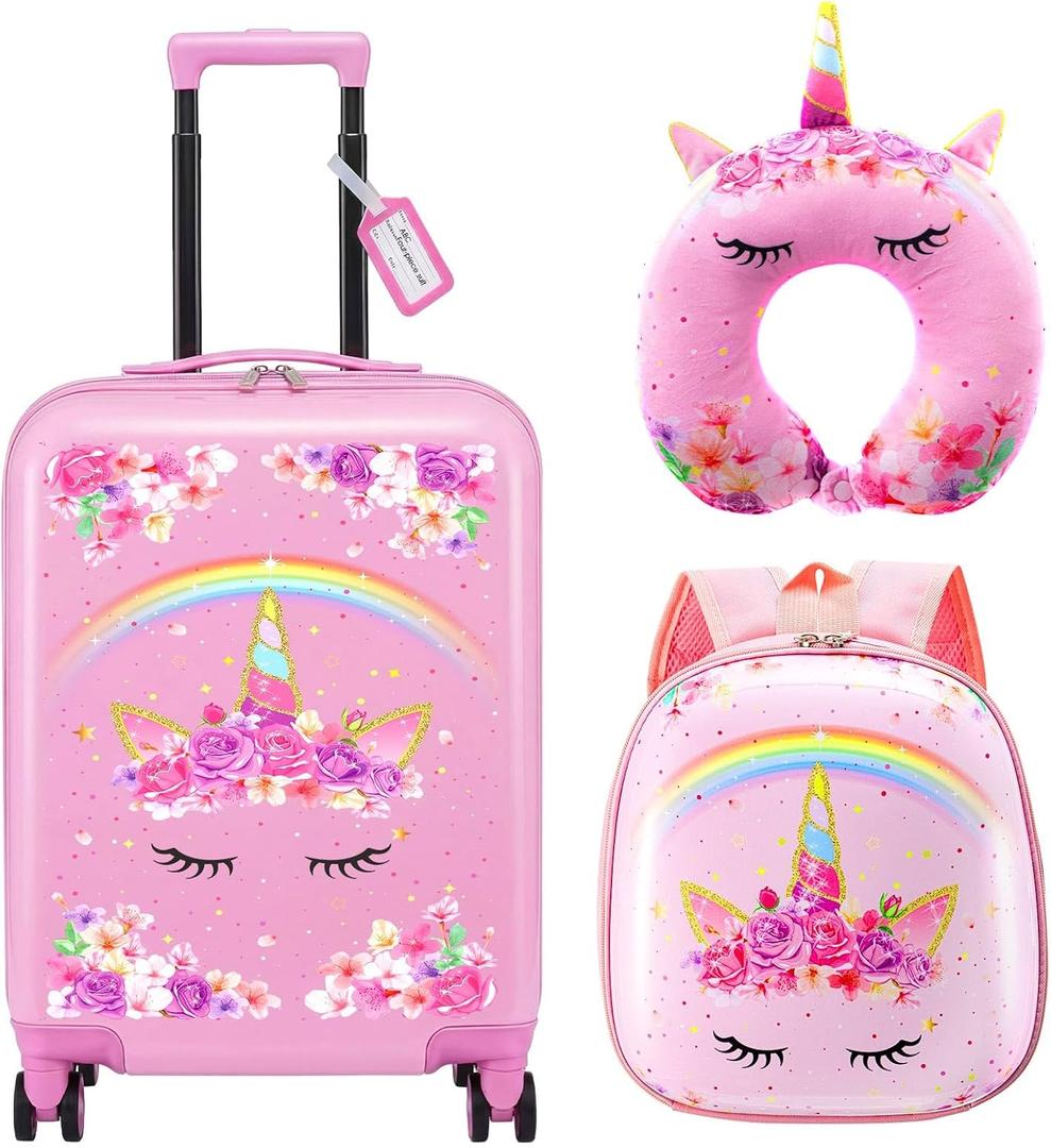 Sanwuta 4 Pcs Kids Luggage Set Carry On Rolling Suitcase Backpack Neck Pillow Travel Set Gift for Girls Boys Summer Camp(17 Inch,Unicorn Rainbow Style,Pink)