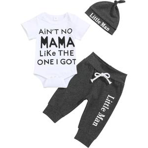 TUEMOS Newborn Infant Baby Boy Clothes Letter Print Romper Pants Set Hat 3PC Outfits Set (Preemie, White02)