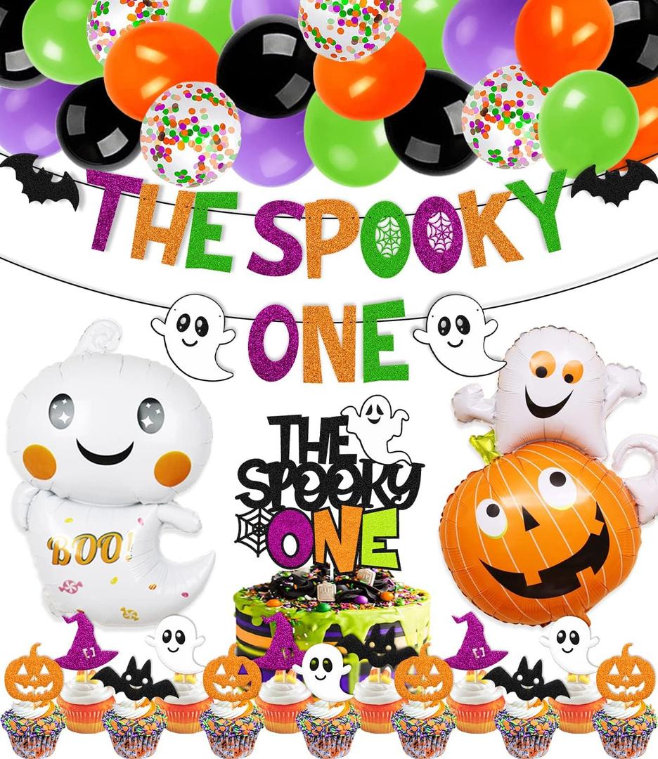 58 PCS Halloween 1st Birthday Decorations The Spooky One Party Decorations Happy 1st Bday Banner Cake Topper Ghost Spider Web Haunted House Themed for Kids One Year Old First Bday Party Supplies