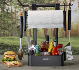 B-Q Collapsible BBQ Grilling Caddy w/Extended Hook, Store All Grilling Accesories in One Place, BBQ Caddy for Outdoor Barbecue, Camping Trip, Roller Towel Holder, Kitchen Storage Organizer