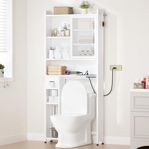 Cozivolife Over The Toilet Storage Cabinet with Acrylic Door Panel and Paper Towel Drawer, Bamboo Space Saver Shelf, Bathroom Organizer Rack Above WC (with Power Strip, White)