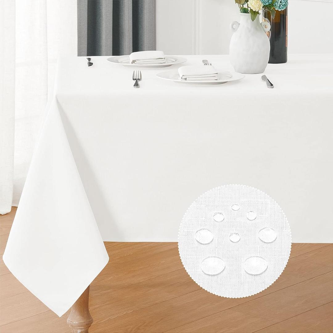 Rectangle 10 Feet Tablecloth 60x144 inch Linen Textured Table Cloth Stain and Wrinkle Resistant Washable Polyester, Decorative Table Cover Waterproof for Dining, Buffet and Camping, White