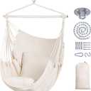 SUNCREAT Hammock Chair Hanging Rope Swing Seat-Max 450lbs Capacity, Extra Large Hanging Swing with Metal Support Bar, Side Pocket, Beige