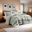 King Comforter Set, 3 Pieces Striped Bed Set, Soft Brushed Microfiber Reversible Bedding Set for All Season, Lightweight & Breathable Bedding Set with Comforter & Shams, Sage Green