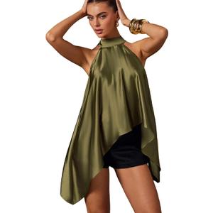 OYOANGLE Women's Halter Neck Sleeveless Top Flowy Asymmetrical Hem Summer Going Out Satin Blouse Shirt Club Wear (Green, M)
