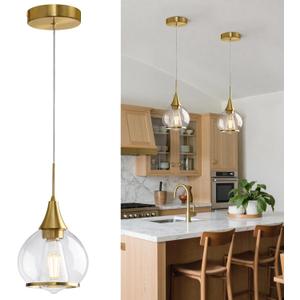Pendant Light Fixtures Kitchen: Brushed Gold Farmhouse Island Light with Clear Glass - 6 Inch Mid Century Globe Kitchen Lighting Chandeliers Ceiling for Dining Room (1 Pack-6inch)