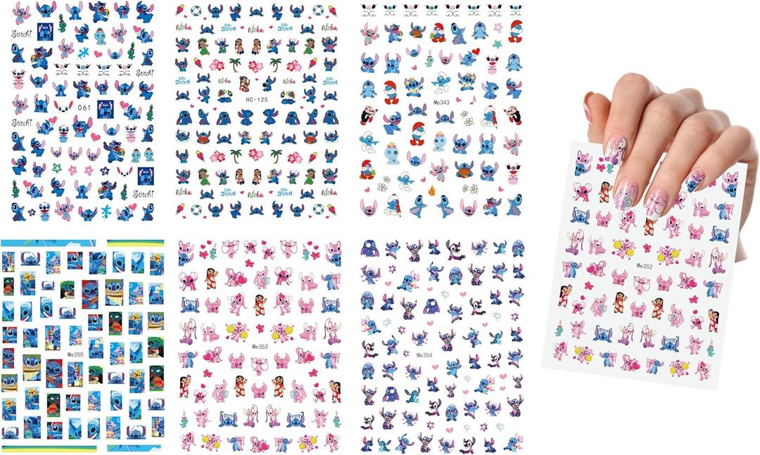 6 Sheets Mixture Cute Kawaii Cartoon Nail Art Stickers Decal for Nail ArtNail Design Nail Art Supplies Cute Nail Decals for Girls Women Manicure Decoration (Blue)