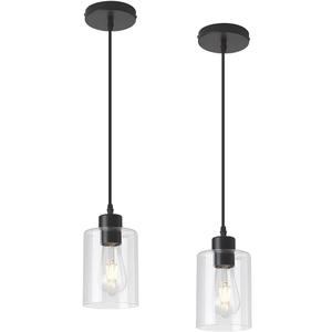 Modern Black Farmhouse Clear Glass Cylinder Pendant Light Fixture, Island Lights for Kitchen, Mini Pendant Lighting for Kitchen Island Decor - 4.75 Inch Shade 58 Inch Cord (Black 2 Pack)