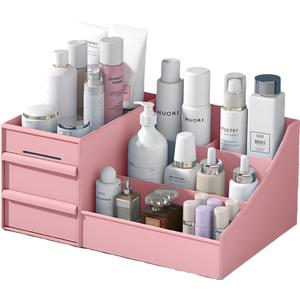 Makeup Desk Organizer with Drawers - Countertop Organizer for Cosmetics, Vanity Holder for Lipstick, Brushes, Lotions, Eyeshadow, Nail Polish and Jewelry (Pink) Makeup Desk Organizer with Drawers - Countertop Organizer for Cosmetics, Vanity Holder for Lipstick, Brushes, Lotions, Eyeshadow, Nail Polish and Jewelry (Pink)