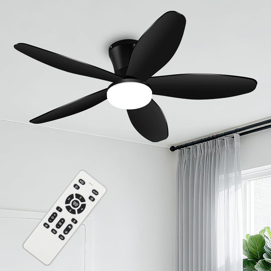 Small Ceiling Fans with Lights - 42 Inch Flush Mount Ceiling Fans with Lights and Remote, Low Profile Ceiling Fan with 5 Reversible Blades, 6 Speeds, Black Ceiling Fan for Bedroom Kitchen