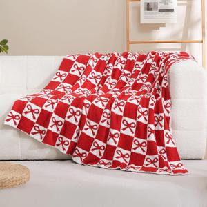 YIRUIO Red Checkered Throw Blanket with Bow Pattern, 50x60 Inches