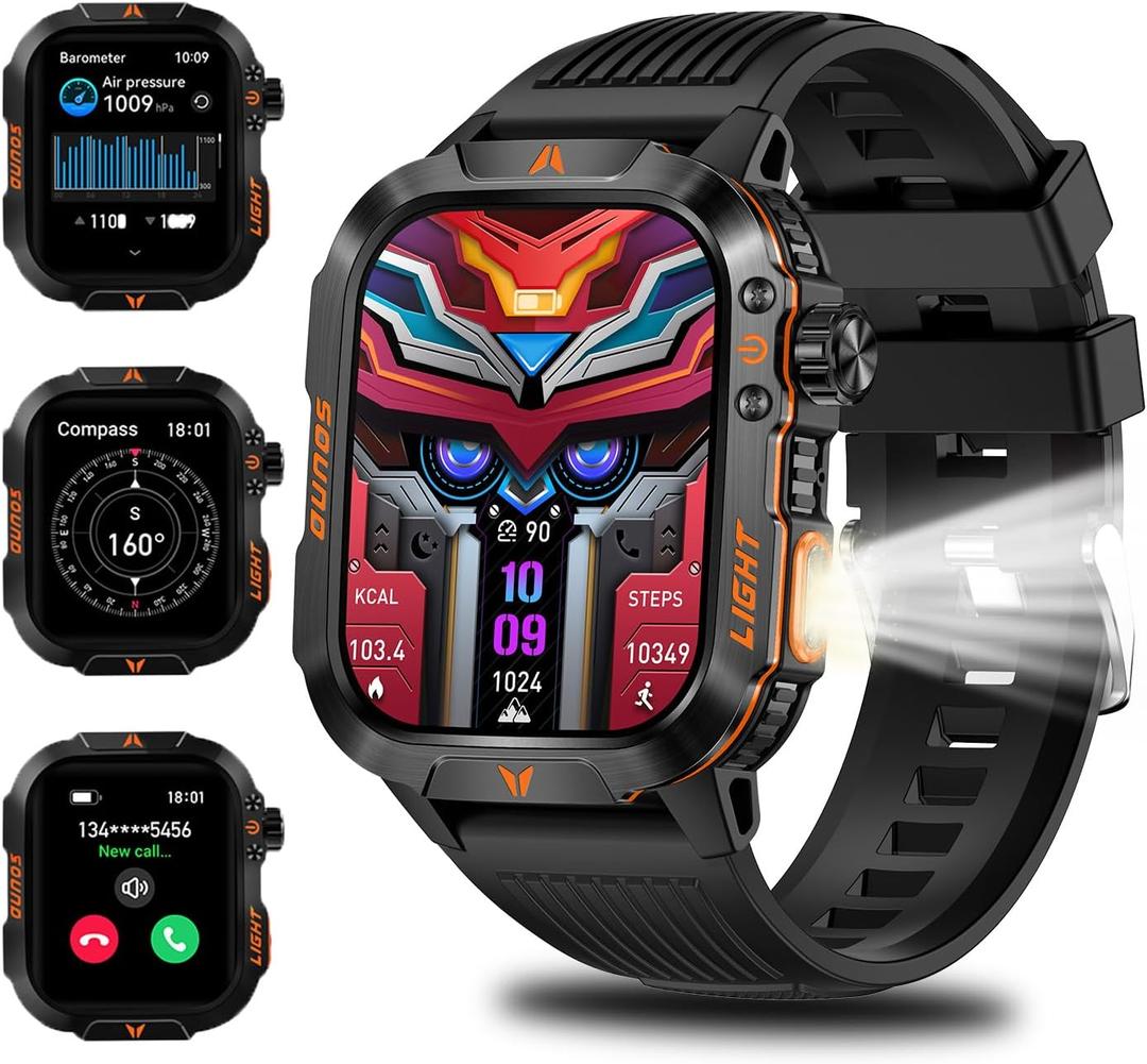Military Smartwatch for Men, LED Flashlight Bluetooth Call IP68 Waterproof Heart Rate Blood Oxygen Sleep Tracker Fitness Pedometer Android iOS Compatible - Ideal for Hunting Hiking Extreme Sports (Black)