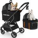 PAWZIDEA Pet Stroller 4 in 1, Dog Strollers for Small/Medium Dogs/Cats with Detachable Carrier NO-Zip Canopy, Seatbelt Puppy Car Seat Combo, Foldable & Lightweight Jogger Cat Strollers, Storage Basket (Black Warrior, Jogger Wheels)