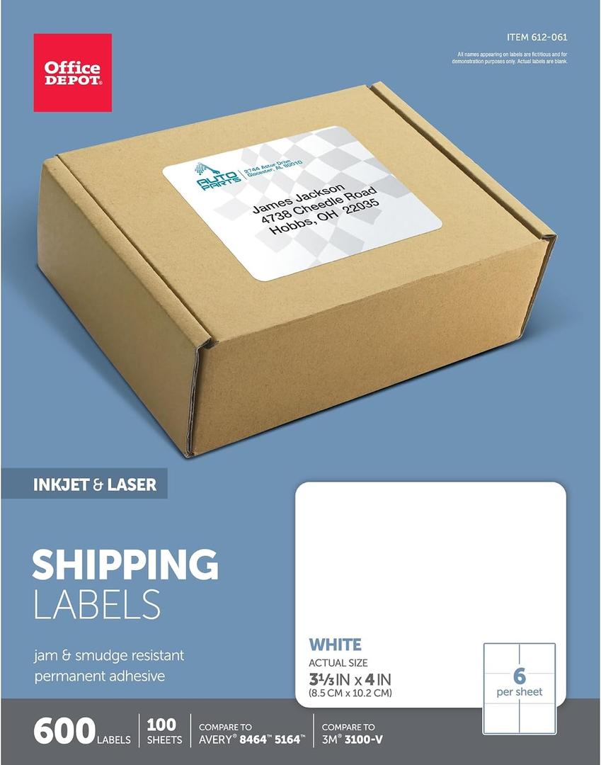 Office Depot White Inkjet/Laser Shipping Labels, 3 1/3in. x 4in., Box of 600, 505-O004-0010