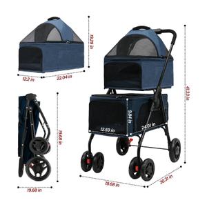 BDL Double Dog Stroller for 2 Dogs/Cats, 4-Wheel Pet Stroller with Removable Carrier, Blue