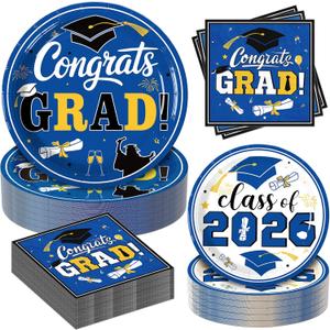 180Pcs Graduation Party Plates and Napkins,2026 Graduation Party Supplies Includes Blue Disposable Paper Plates and Cocktail Napkins Set for Congrats Grad Party Decorations, Serves 60