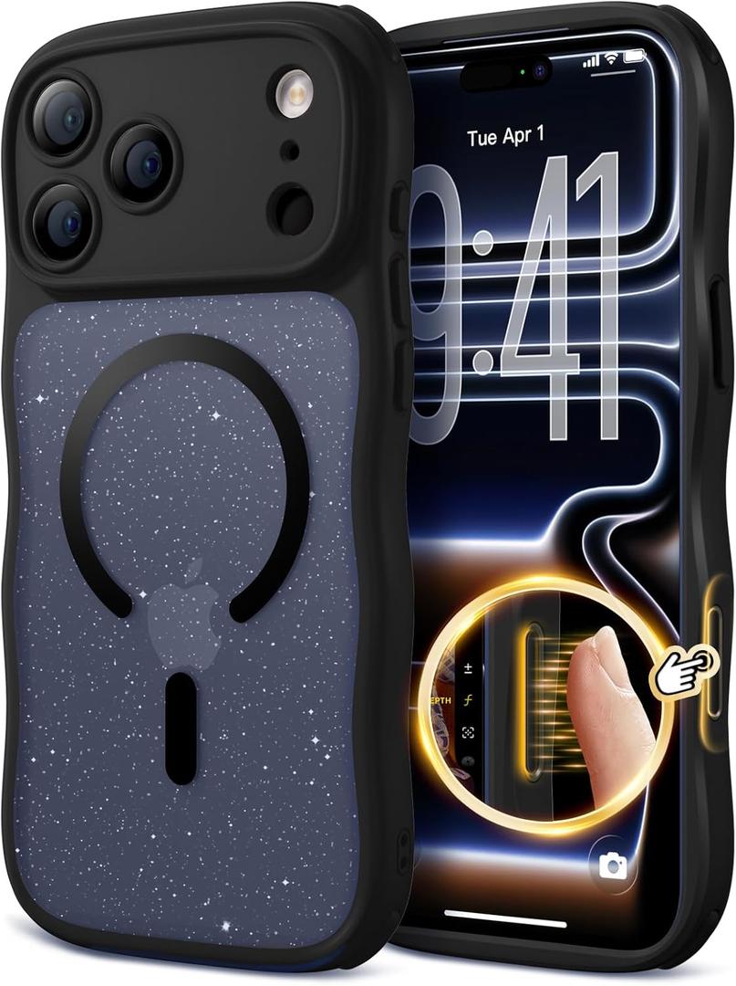 for iPhone 17 Pro Case for Women Girls,Compatible with MagSafe,Camera Control,Full Camera Protection, Cute Wave Magnetic Phone Case for iPhone 17 Pro,Black Shimme