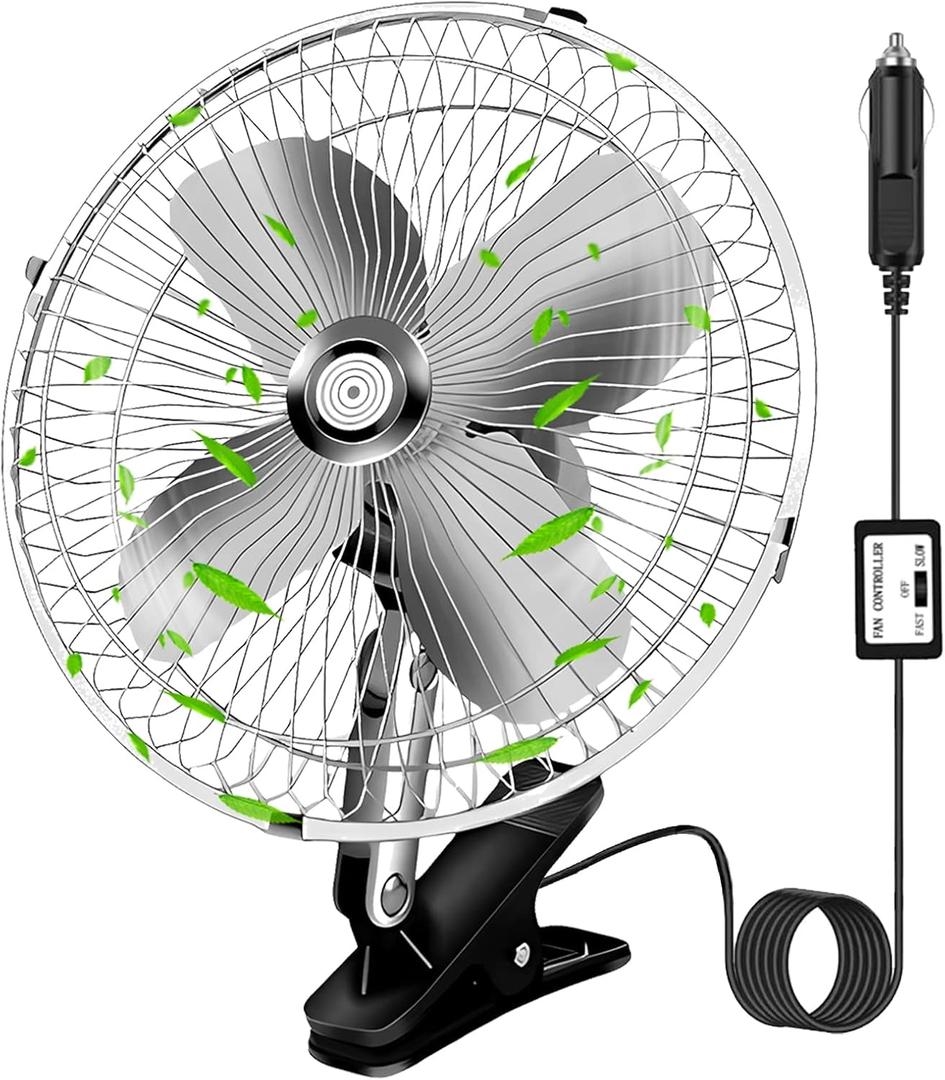 10-Inch Silver Cigarette Lighter Fan, Two-Speed Adjustment, 360-Degree Rotation, Clip-On Design 12 Volt Fan, Perfect for Cars, Trucks, RVs and More (Cord Length 6.56FT)
