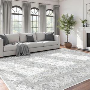 Neutral Area Rugs 8x10 for Living Room Vintage Rug Boho Floral Modern Washable Area Rug with Non-Slip Backing Large Carpet for Bedroom Dining Room Light Grey