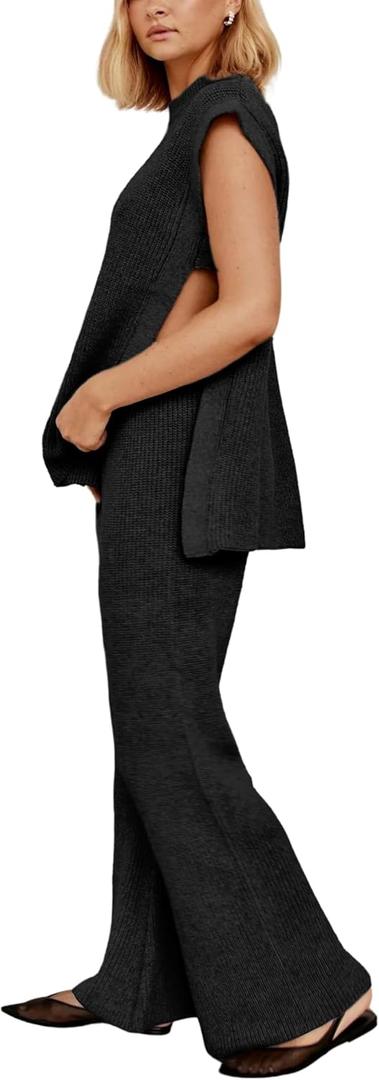 Lviefent Womens 2 Piece Outfits Knit Matching Set Sleeveless Side Slit Pullover Sweater Top Wide Leg Pants Sets (Black-M)
