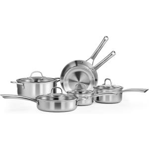 ROVSUN 10-Pcs Stainless Steel Cookware Set, Tri-Ply Pots and Pans Set, Non-Toxic Kitchen Set, PFOA & PTFE Free, Full Clad Frying Pans, Saucepans, Saute Pan & Stock Pot, Compatible for All Cooktops, 10-Pieces Set