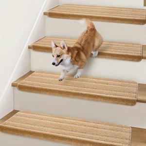 Bullnose Stair Treads Non Slip 9.5" x 32", 14 Pcs Carpet Stair Treads for Wooden Steps Indoor with Edge Protection, Reusable Peel and Stick TPU Backing Stair Runner Rugs - Line Pattern Beige