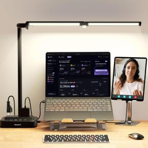 LED Desk Lamp for Home Office: Desk Light Double Head Adjustable with Power Strip 2 AC Outlets, USB-C USB-A Charging Ports Surge Protection, Foldable Table Lamp for College Dorm Room Essentials, Black